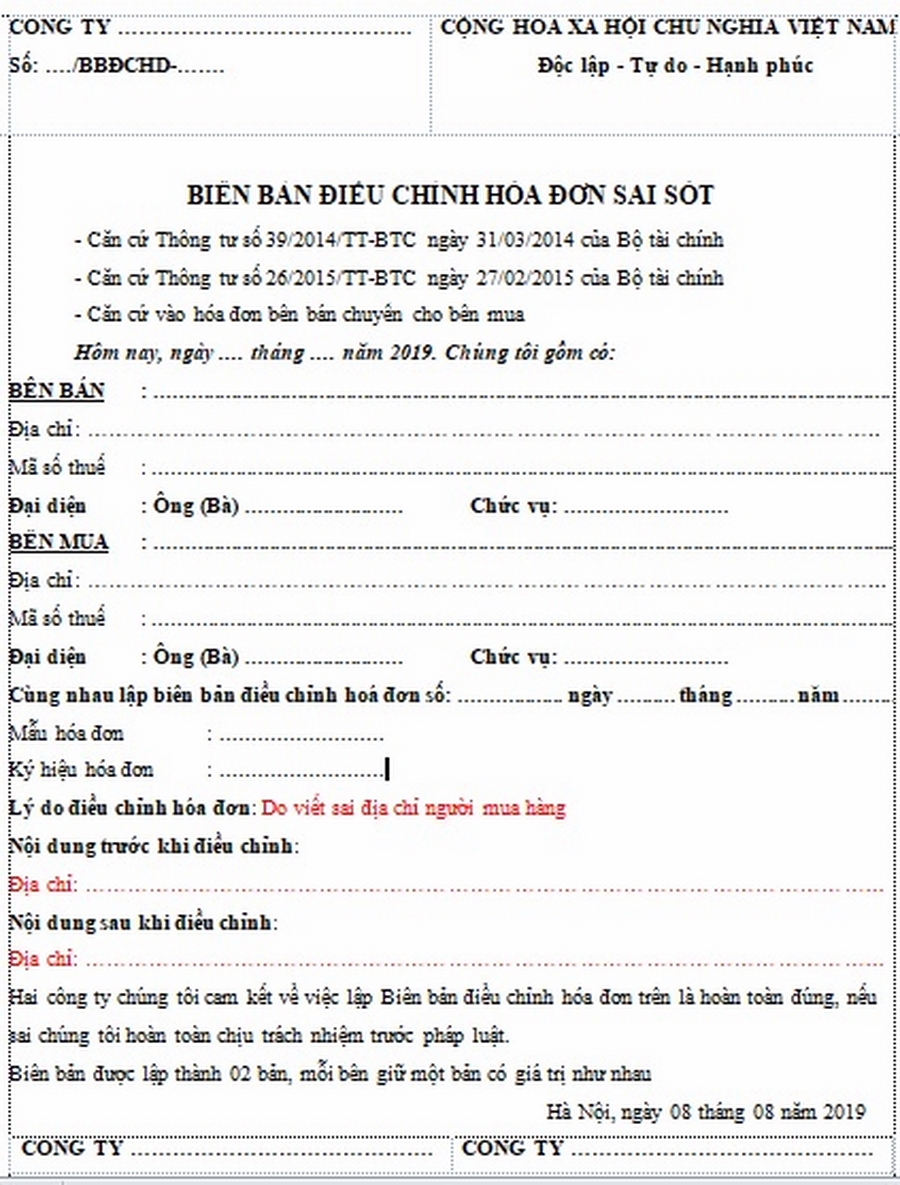 Mẫu biên bản điều chỉnh hóa đơn sai địa chỉ hoặc đơn vị mua hàng