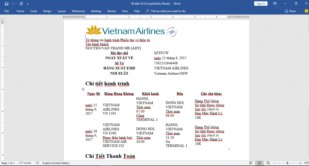 Thông tin vé máy bay điện tử