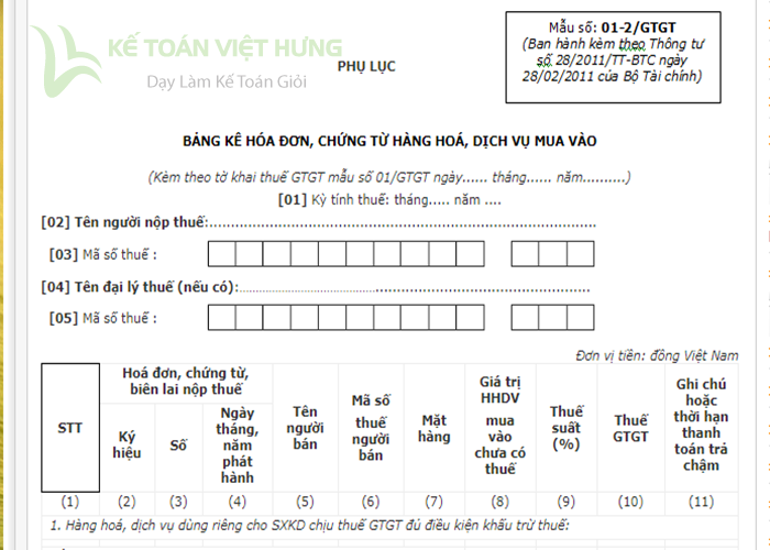 bảng kê hóa đơn chứng từ hàng hóa dịch vụ mua vào