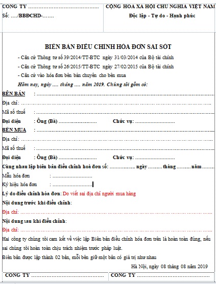 biên bản điều chỉnh hóa đơn viết sai địa chỉ 