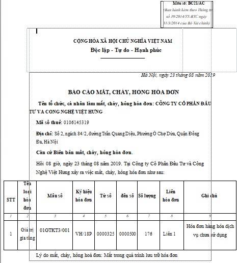 biên bản mất hóa đơn