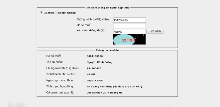 Kết quả khi tra cứu mst thu nhập cá nhân trên tncnonline.com.vn