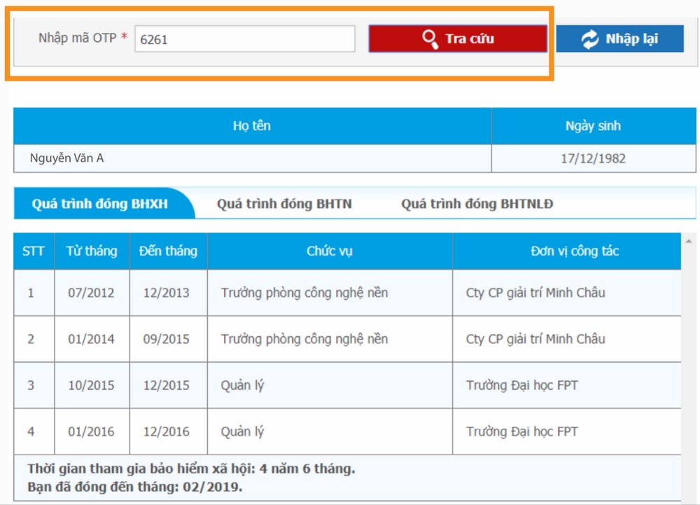 Kết quả tra cứu quá trình tham gia BHXH