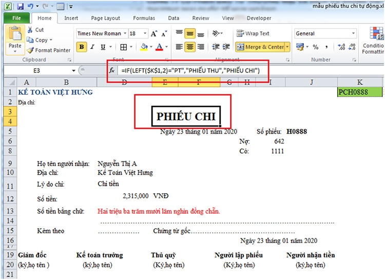 phiếu thu chi excel