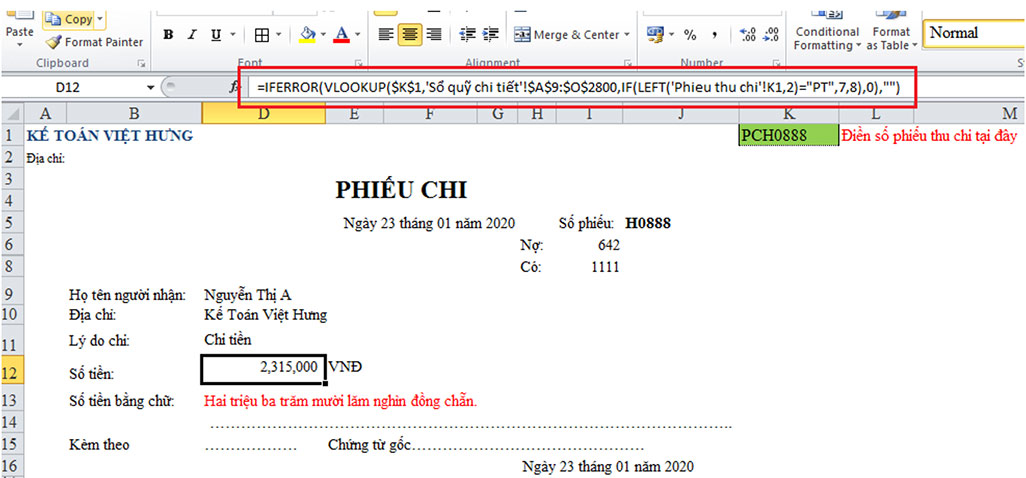 phiếu thu chi excel