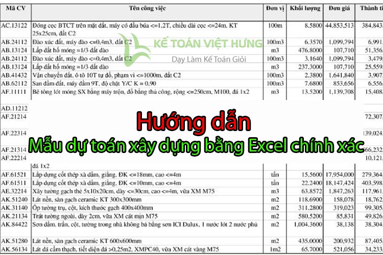 Hướng dẫn mẫu dự toán xây dựng bằng Excel chính xác