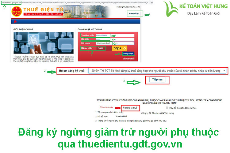 Mẫu đăng ký ngừng giảm trừ người phụ thuộc qua thuedientu.gdt.gov.vn
