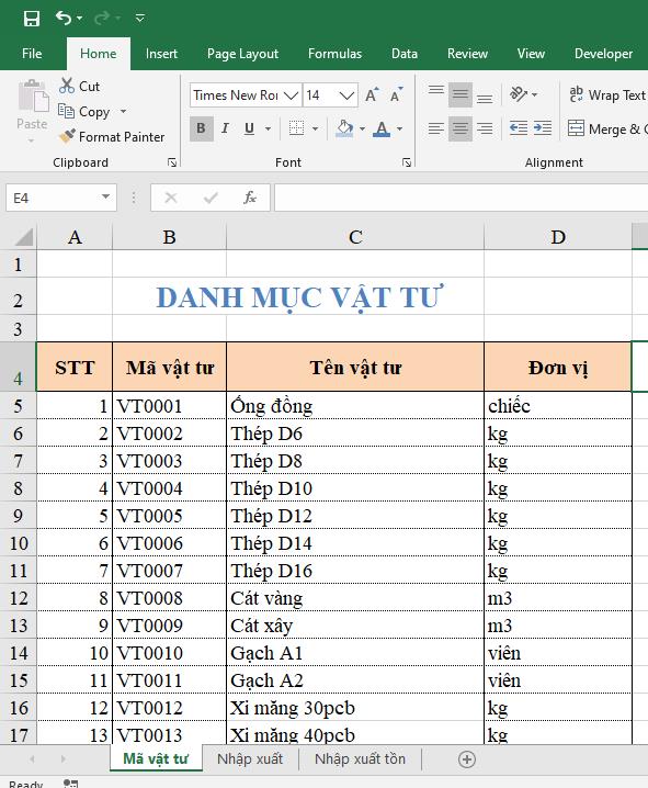 Các bước thiết lập file quản lý kho vật tư bằng Excel