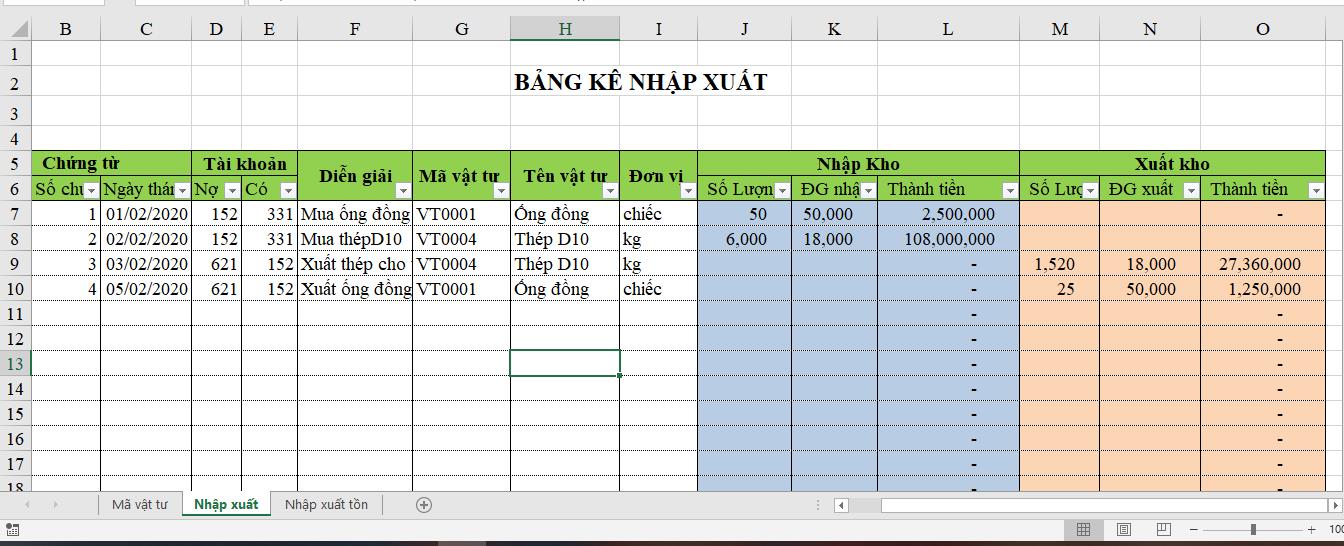 Các bước thiết lập file quản lý kho vật tư bằng Excel