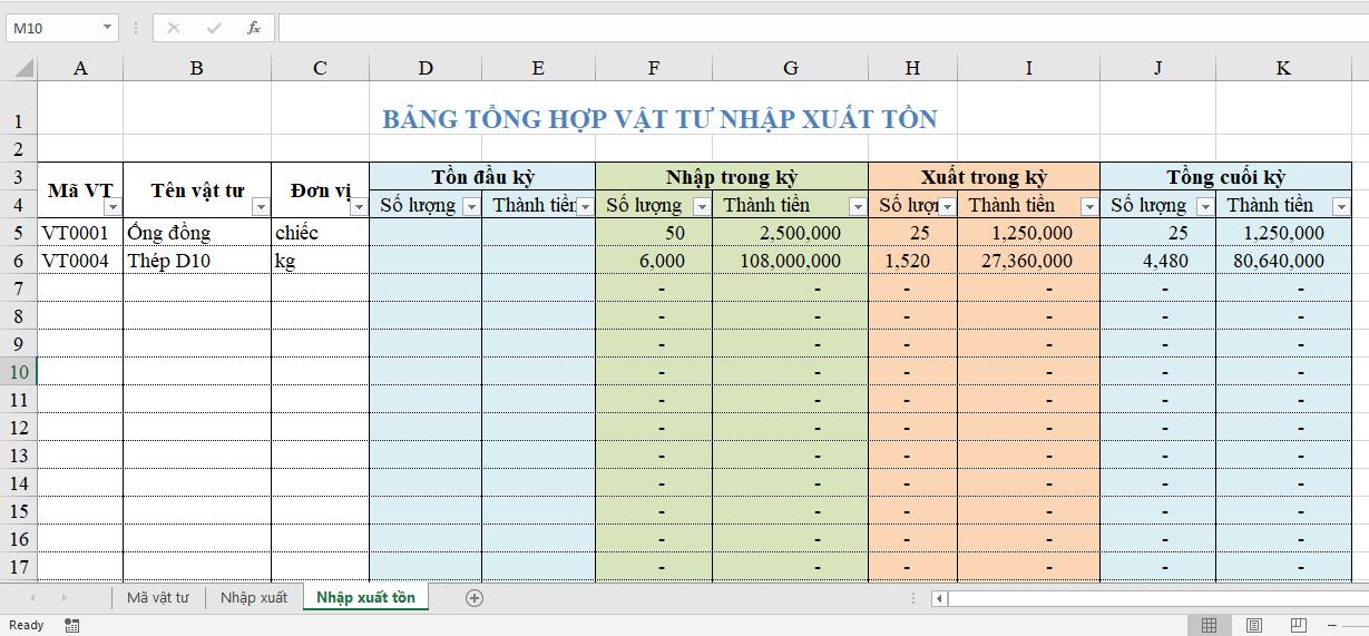 Các bước thiết lập file quản lý kho vật tư bằng Excel