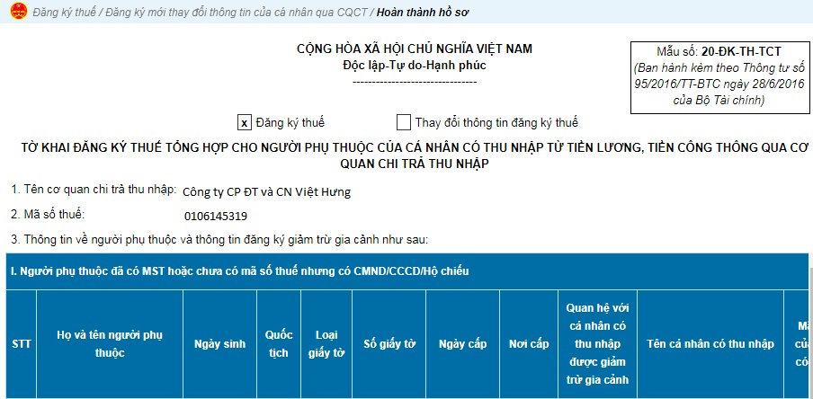 đăng ký ngừng giảm trừ người phụ thuộc 