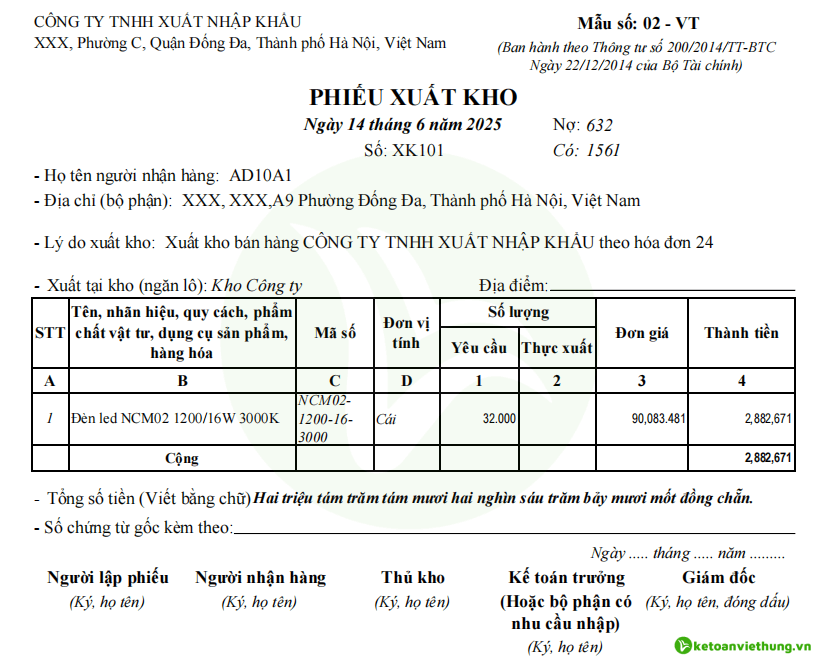 viết phiếu xuất kho 3