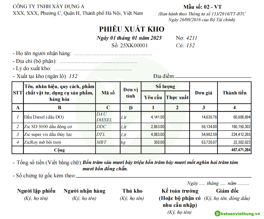 viết phiếu xuất kho 2