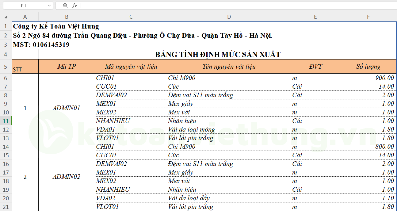 mẫu định mức nguyên vật liệu 2