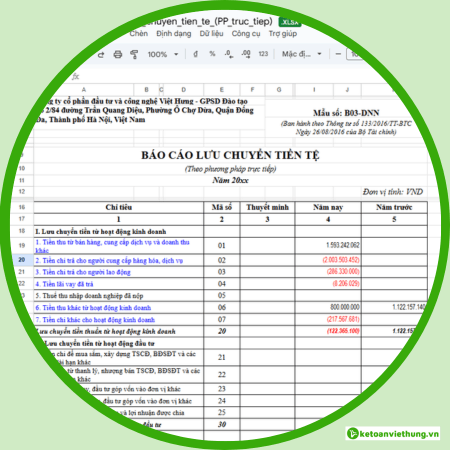 báo cáo lưu chuyển tiền tệ excel