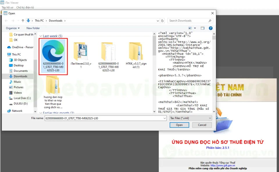 Lỗi iTaxViewer không đọc được file XML: nguyên nhân và cách sửa dứt điểm 2026 2 Hộp thoại Open của iTaxViewer với bộ lọc Tax Files (*.xml) để chọn đúng tệp hồ sơ thuế cần mở